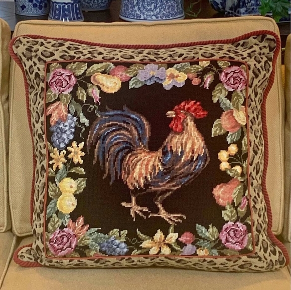 Rooster & Fruit Needlepoint Pillow